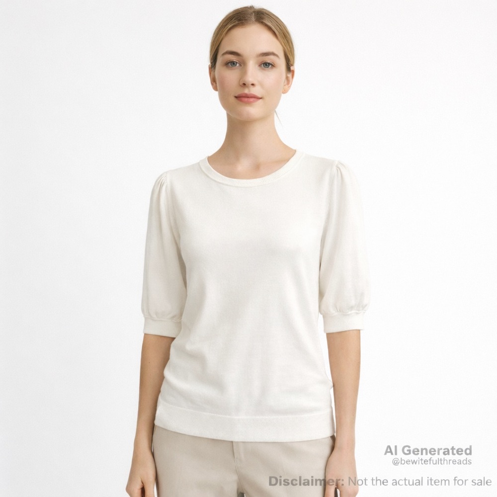 Marled Reunited Clothing M Soft White Puff Sleeve Knit Top Minimalist